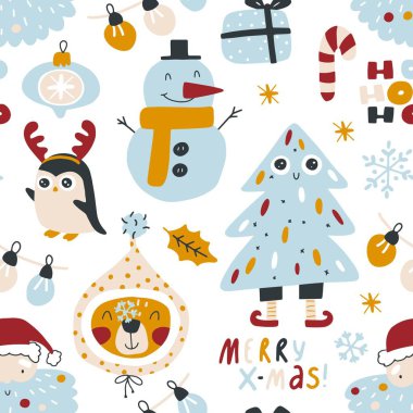 Geleneksel sembolleri ve dekoratif unsurları olan kusursuz bir Noel deseni. Vektör el, basit İskandinav çizgi film tarzında karalama yaptı. Tekstil yazdırma ve ambalaj kağıdı için sınırlı palet.