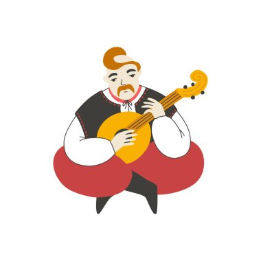 Ukrainian Cossack. A man sits and plays the kobza. Vector illustration of a character in a simple cartoon hand drawn style. Isolate on a white background clipart