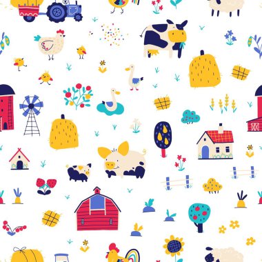 Farm cartoon seamless pattern. Vector funny hand-drawn characters of domestic animals, countryside, houses and sheds with tractor and garden. Trendy doodle style, bright palette