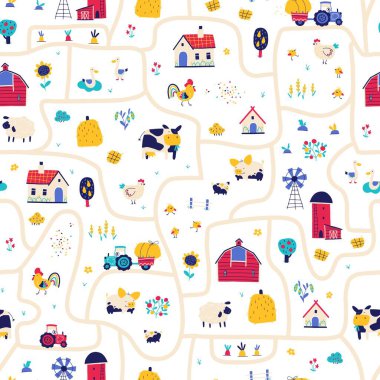 Farm map seamless pattern. Vector hand-drawn road with funny characters of pets, houses and barns with tractor and garden. Trendy doodle style, bright palette for baby prints