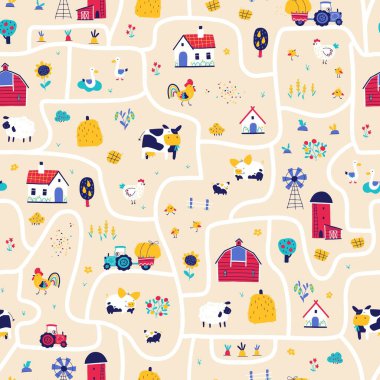 Farm map seamless pattern. Vector hand-drawn road with funny characters of pets, houses and barns with tractor and garden. Trendy doodle style, bright palette for baby prints