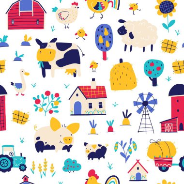 Farm cartoon seamless pattern. Vector funny hand-drawn characters of domestic animals, countryside, houses and sheds with tractor and garden. Trendy doodle style, bright palette