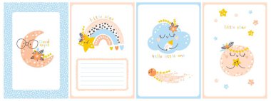 Baby shower boho template set. Vertical cards with rainbows, flowers, inscriptions. Cute hand drawn illustrations in a simple cartoon doodle style in a limited edition gender neutral palette