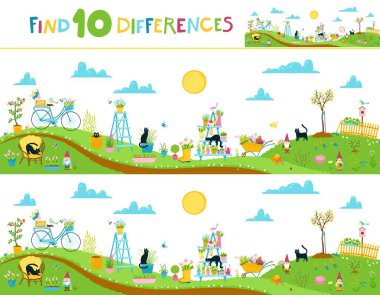 Garden vertical landscape panorama. Kids game - find ten differences. Spring illustration in hand drawn doodle style with flowers, work tools, garden gnomes and black cats