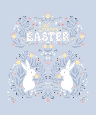 Symmetrical Easter vintage card with white hares in folk style with flowers. Cartoon cute animal characters in hand-drawn doodle style. Groovy lettering. Limited monochrome pastel palette. Vector