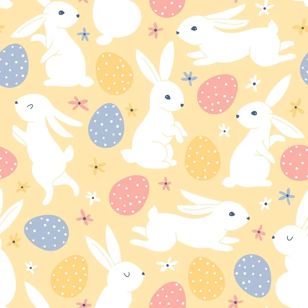 Patrón Vintage Sin Costuras Para Pascua Con Liebres Conejos Huevos — Vector de stock