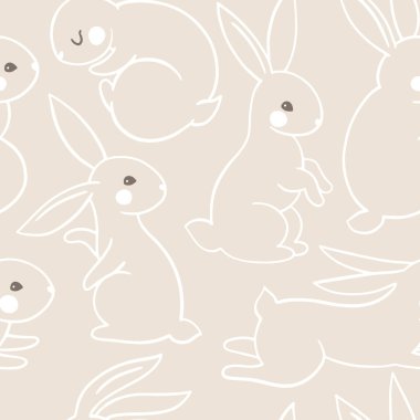 Tavşanlarla modaya uygun, minimalist, pürüzsüz bir model. Vektör olarak çizim çizgisi silueti hayvan tavşanı. Bej arka planda sevimli orman karakterinin el çizimi çizgi filmi