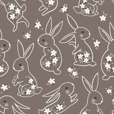 Moda bahar yazı, doğal, pürüzsüz bir düzen. Küçük çiçeklerle boyanmış bir vektörde tavşan silueti çizgisi. Tatlı bir orman karakteri ve papatyanın el çizimi çizgi filmi.