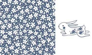 Tavşan izi ve dikişsiz çiçek deseni. Bahar kompozisyonu. Küçük çiçekli şirin hayvanların el çizimi çizgi filmi. Tekstil, kumaş ve bebek kıyafetleri için ideal.