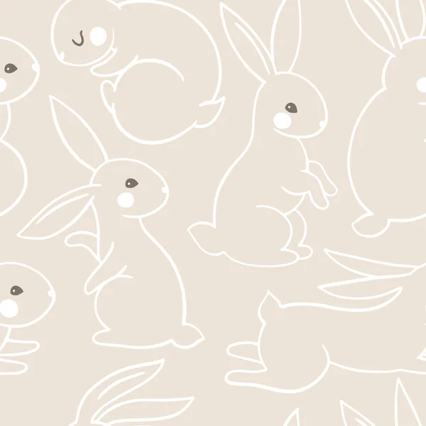 ウサギと流行のミニマルなシームレスパターン ベクトルでスケッチラインシルエット動物ウサギ ベージュ地に可愛い森のキャラクターの手描き漫画のLinocut — ストックベクタ