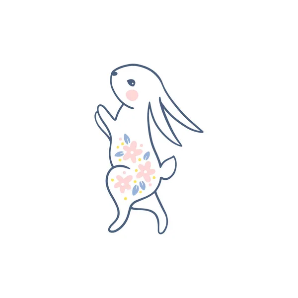 ピンクの花で描かれたベクトルにウサギのウサギのシルエットのライン 白い背景にモノクロームの線画 かわいい森のキャラクターの手描き漫画イラスト — ストックベクタ