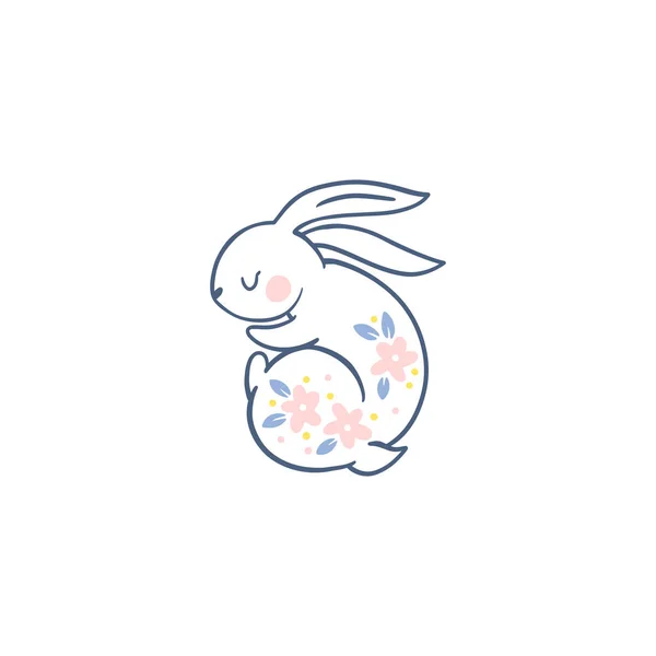 用粉红的花朵描绘的病媒中兔子的一组轮廓 白色背景上的单色线虫 可爱森林性格的手绘卡通画 — 图库矢量图片