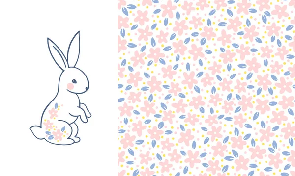 兔打印和无缝花纹 春天的作文 手绘卡通连环画 由可爱的小花朵动物组成 理想的纺织品 婴儿服装 — 图库矢量图片