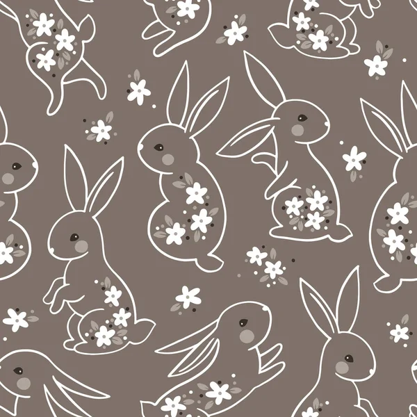 Trendy Spring Summer Natural Seamless Pattern Line Silhouettes Bunny Rabbit — Stock Vector