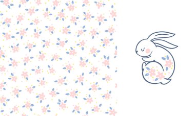 Tavşan izi ve dikişsiz çiçek deseni. Bahar kompozisyonu. Küçük çiçekli şirin hayvanların el çizimi çizgi filmi. Tekstil, kumaş ve bebek kıyafetleri için ideal.