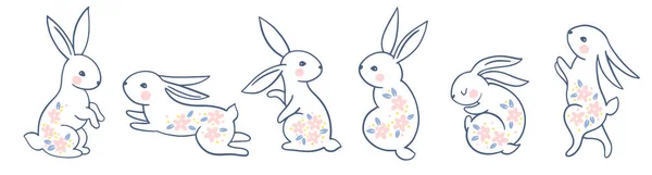 ピンクの花で描かれたベクトルにセットされたウサギのウサギのシルエットのライン 白い背景にモノクロームの線画 かわいい森のキャラクターの手描き漫画イラスト — ストックベクタ