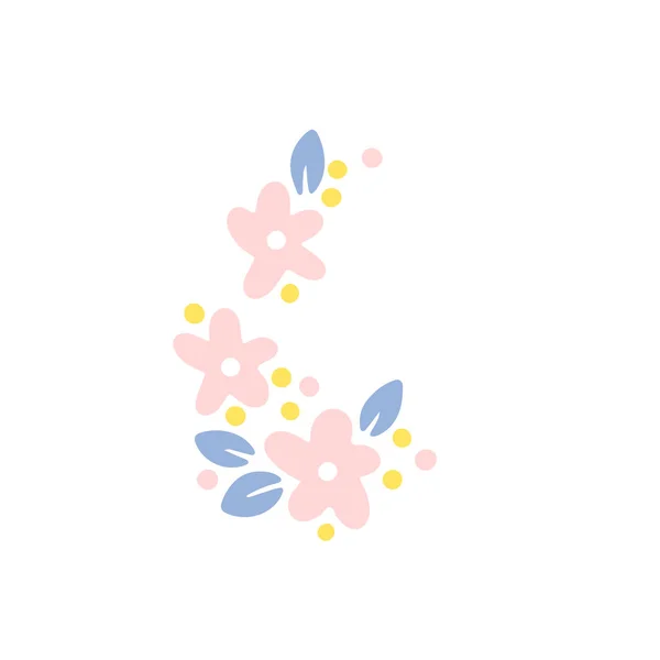 Trendige Blütenkomposition Einfache Kleine Gänseblümchen Mit Blättern Vektor Handgezeichneter Cartoon — Stockvektor