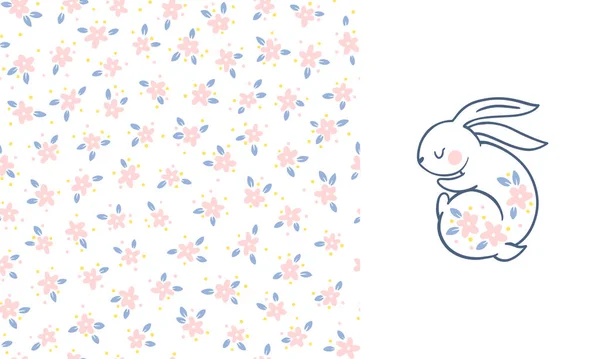 Hasendruck Und Nahtloses Blumenmuster Frühjahrszusammensetzung Handgezeichneter Cartoon Linolschnitt Von Niedlichen — Stockvektor