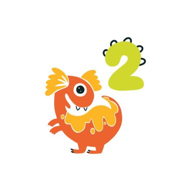 İki numaralı dinozor. Renkli şirin çocuk odası kartı çizimi. Vektör dino karikatür karikatürü beyaz arka planda izole edildi. Doğum gününü kutlamak için mükemmel, bir aylık.