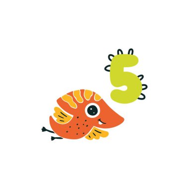 Beş numaralı dinozor. Renkli şirin çocuk odası kartı çizimi. Vektör dino karikatür karikatürü beyaz arka planda izole edildi. Doğum gününü kutlamak için mükemmel, bir aylık.