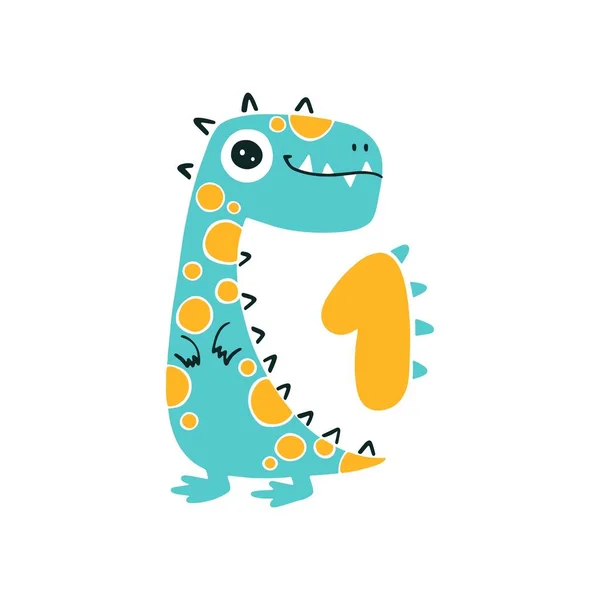 Dinosaur Number One Color Cute Nursery Card Character Illustration Vector — Stock Vector