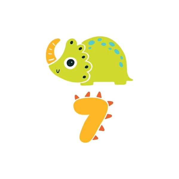 Dinosaur Number Seven Color Cute Nursery Card Character Illustration Vector — Stock Vector