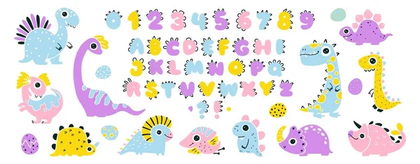 ガーリーディノはアルファベットと数字でコレクションします 手描きのシンプルな漫画スタイルで面白い漫画のフォント 子供っぽい女の子の恐竜の文字の様々な ピンクのパレットのカラフルな隔離されたドア — ストックベクタ