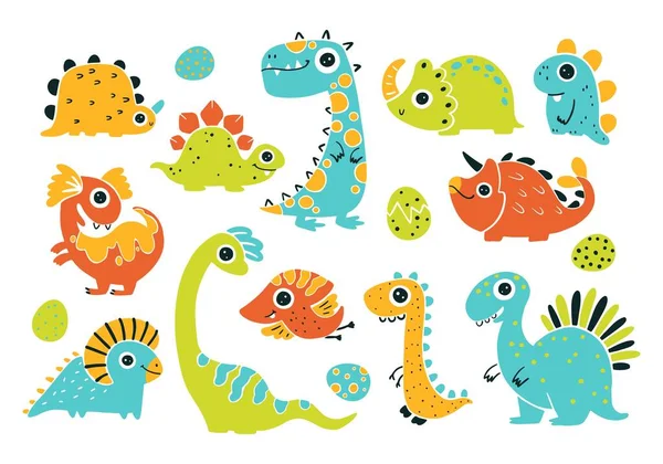 Детский Набор Дино Коллекция Симпатичных Разноцветных Динозавров Простом Детском Ручном — стоковый вектор
