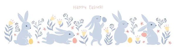 Vintage Collection Easter Hares Rabbits Dotted Easter Eggs Folk Style — ストックベクタ