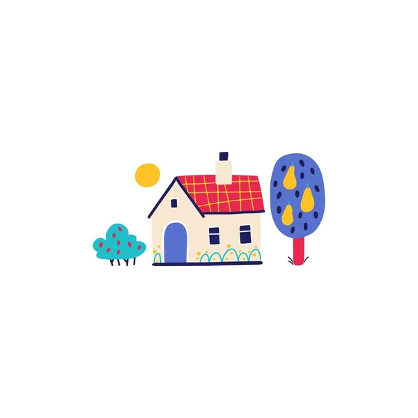 一座有果树的小村庄房子 构图为手绘漫画斯堪的纳维亚涂鸦风格 彩色有限调色板最适合印刷 白色背景上的矢量隔离 — 图库矢量图片