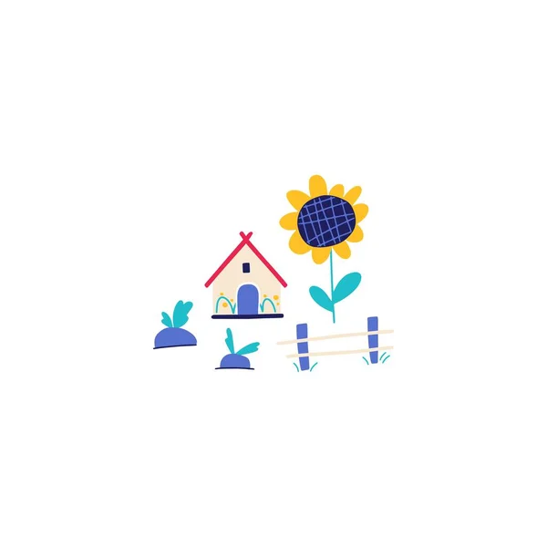 Uma Pequena Casa Campo Com Girassol Composição Desenho Animado Desenhado —  Vetores de Stock