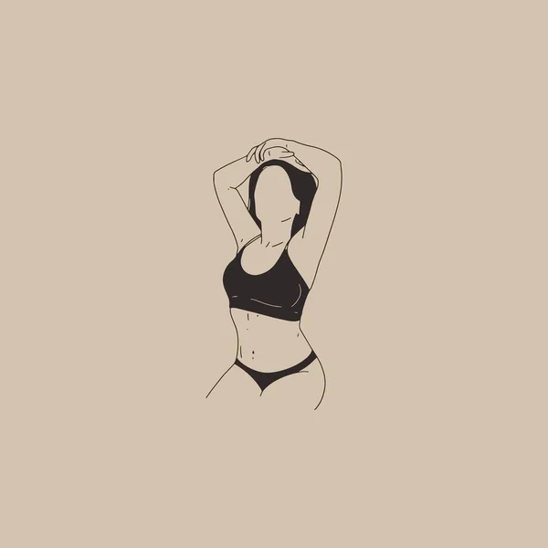 下着姿の女だ トレンドの手描き抽象的なミニマリズムスタイル 女性の身体のベクトルイラスト ベージュ地に黒の分離 — ストックベクタ