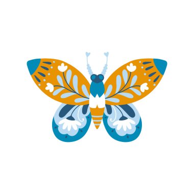 Çiçeklerle süslenmiş güve kelebeği. Basit İskandinav tarzında elle çizilmiş karalama çizimi. Beyaz arkaplandaki vektörü ayır