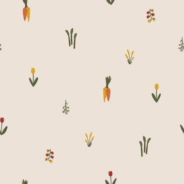 Klasik dikişsiz sebze, yeşillik, basit el çizimi karalama stili çiçekler. Bej arka planda sessiz bir pastel palette çiftçiliğin çizgi film vektör çizimi