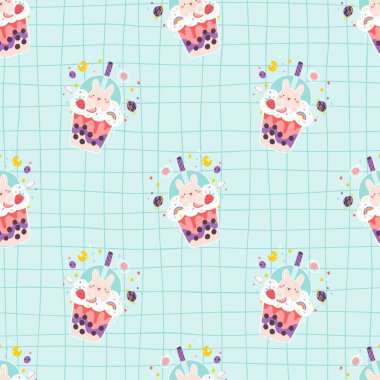 Mavi kafes arka planında küçük şirin bir tavşan ve çilekli köpüksüz çay deseni. Boba milkshake 'i. Basit çizgi film tarzında Kawaii renkli vektör çizimi. Temiz ışık paleti