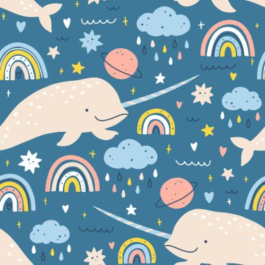 Basit İskandinav usulü çizilmiş kusursuz deniz gergedanı deseni. Gökkuşağı elementleri yağmur, gezegenler ve yıldızlarla renklendirilmiş rengarenk pastel renkte şirin bir deniz hayvanı. Vektör çocuk odası illüstrasyonu