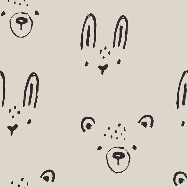 森のスケッチ保育園シームレスなパターン ミニマルなトレンディーなライン北欧の子供っぽいスタイルでクマとウサギの顔 ベージュ地に黒筆の可愛い動物たち — ストックベクタ