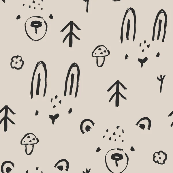 Лесной Эскиз Питомника Бесшовный Рисунок Кроличьи Морды Медведя Зайца Минималистичной — стоковый вектор