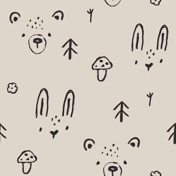 Forest Sketch Nursery Seamless Pattern Bear Hare Faces Minimalistic Trendy — Stock Vector