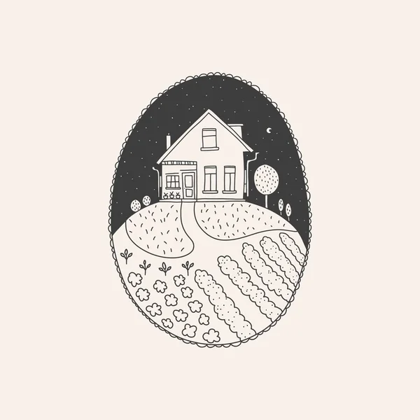 Σπίτι Στο Χωριό Νύχτα Διανυσματική Γραμμή Doodle Οβάλ Έμβλημα Αγροικίας — Διανυσματικό Αρχείο
