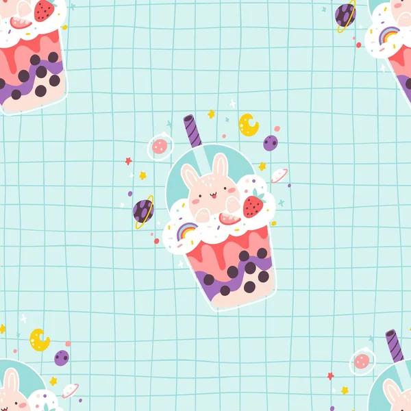 Bubble Tea Seamless Pattern Cute Tiny Rabbit Strawberry Blue Lattice — Stock Vector