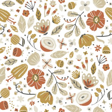 Çizim tarzında yaratıcı, kusursuz desenler. Vektör el, sınırlı bir toprak palette çiçek ve bitkilerin resimlerini çizdi. Tekstil, ambalaj, kumaş yazdırmak için soyut arkaplan