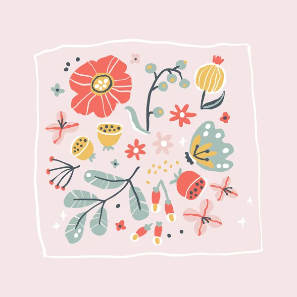 スケッチスタイルで創造的な花の組成 限定パステルパレットに花やハーブの咲くイラストをベクトル手描き パッケージ ポスター ポストカードの要約背景 — ストックベクタ