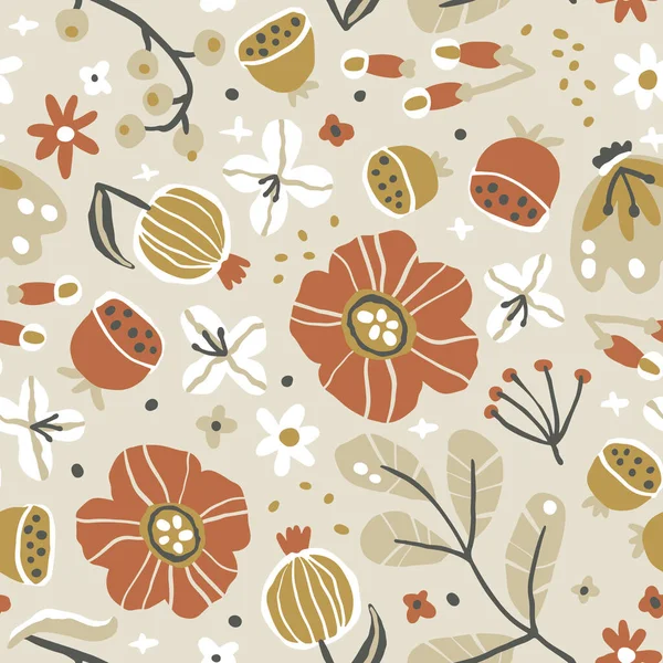 スケッチスタイルで創造的な花のシームレスなパターン 限定された土のパレットに花やハーブの咲くイラストをベクトルハンドで描きました 印刷繊維 生地の要約の背景 — ストックベクタ