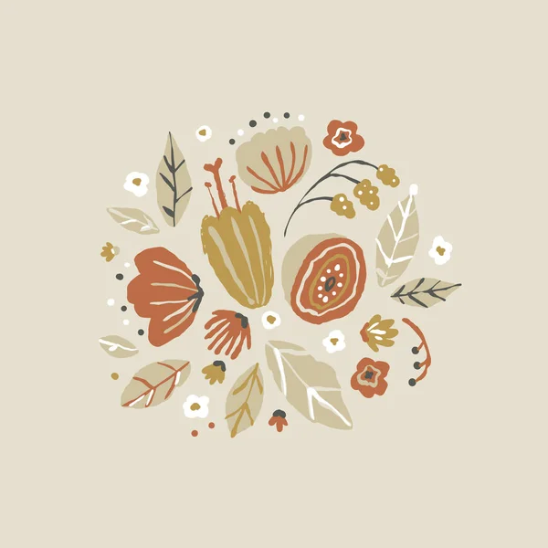 スケッチスタイルで創造的な花の組成 限定された土のパレットに花やハーブの咲くイラストをベクトルハンドで描きました パッケージ ポスター ポストカードの要約背景 — ストックベクタ