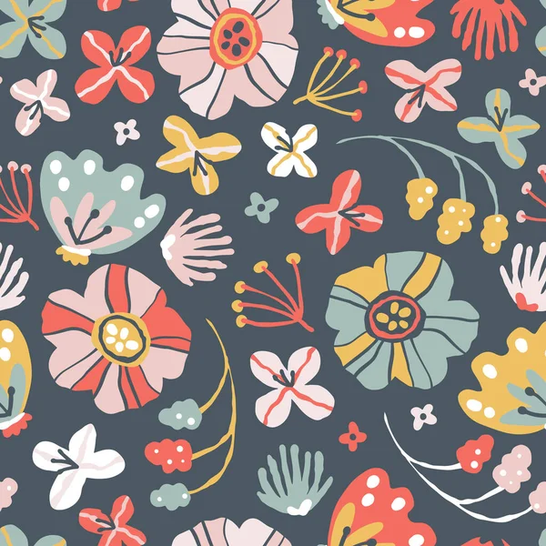 スケッチスタイルで創造的な花のシームレスなパターン 限定パステルパレットに花やハーブの咲くイラストをベクトル手描き 印刷繊維 生地の要約の背景 — ストックベクタ