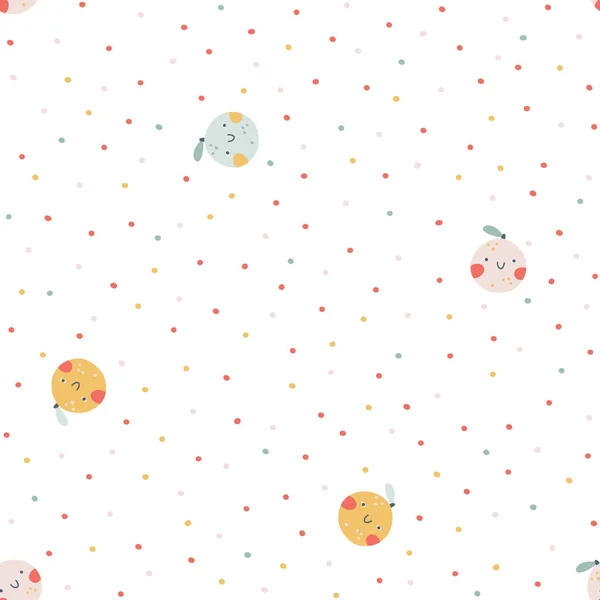 Persika Rosa Orange Karaktär Sömlös Mönster Med Smiley Ansikte Frukt — Stock vektor