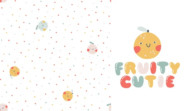 Peach Orange Character Smiley Face Funny Inscription Fruity Cutie Set — Stock Vector