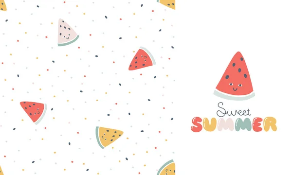 Dreieck Wassermelone Charakter Mit Smiley Gesicht Lustige Beschriftung Süßer Sommer — Stockvektor