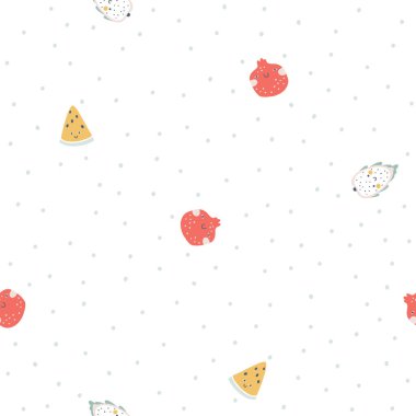 Meyvesiz, dikişsiz desen. Basit el çizimi tarzında gülümseyen tatlı meyve karakterleri olan minimalist bir vektör çizgi film. Puantiyeli beyaz arkaplan üzerindeki pastel renkler